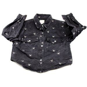 Stoosh Vintage Denim Black Button-Up Shirt With Embroidered Butterflies